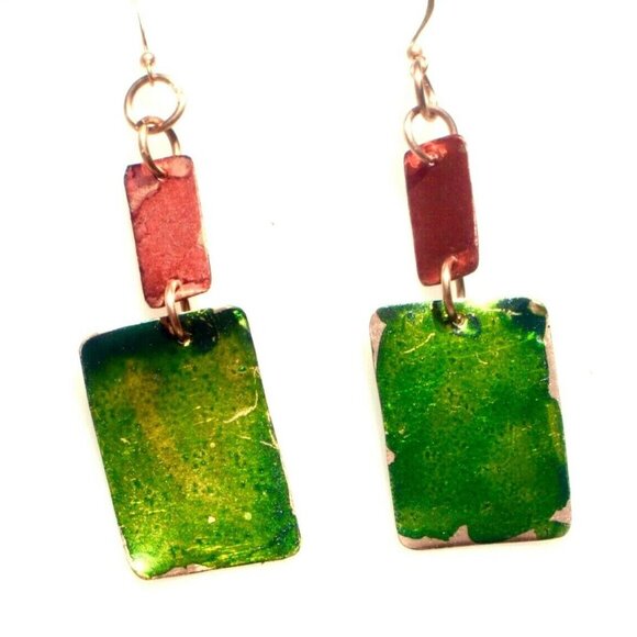 Green Red Geometric Pure Copper Handmade Earrings Abstract Hand Painted Drop - Picture 5 of 8